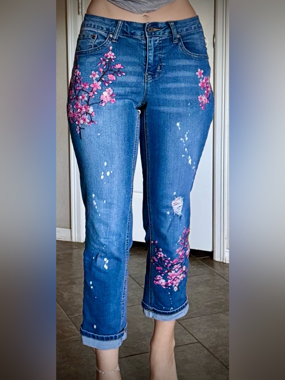 Embroidered Cherry Blossom Boyfriend Ankle Cuff Denim Jeans Easel 4 S